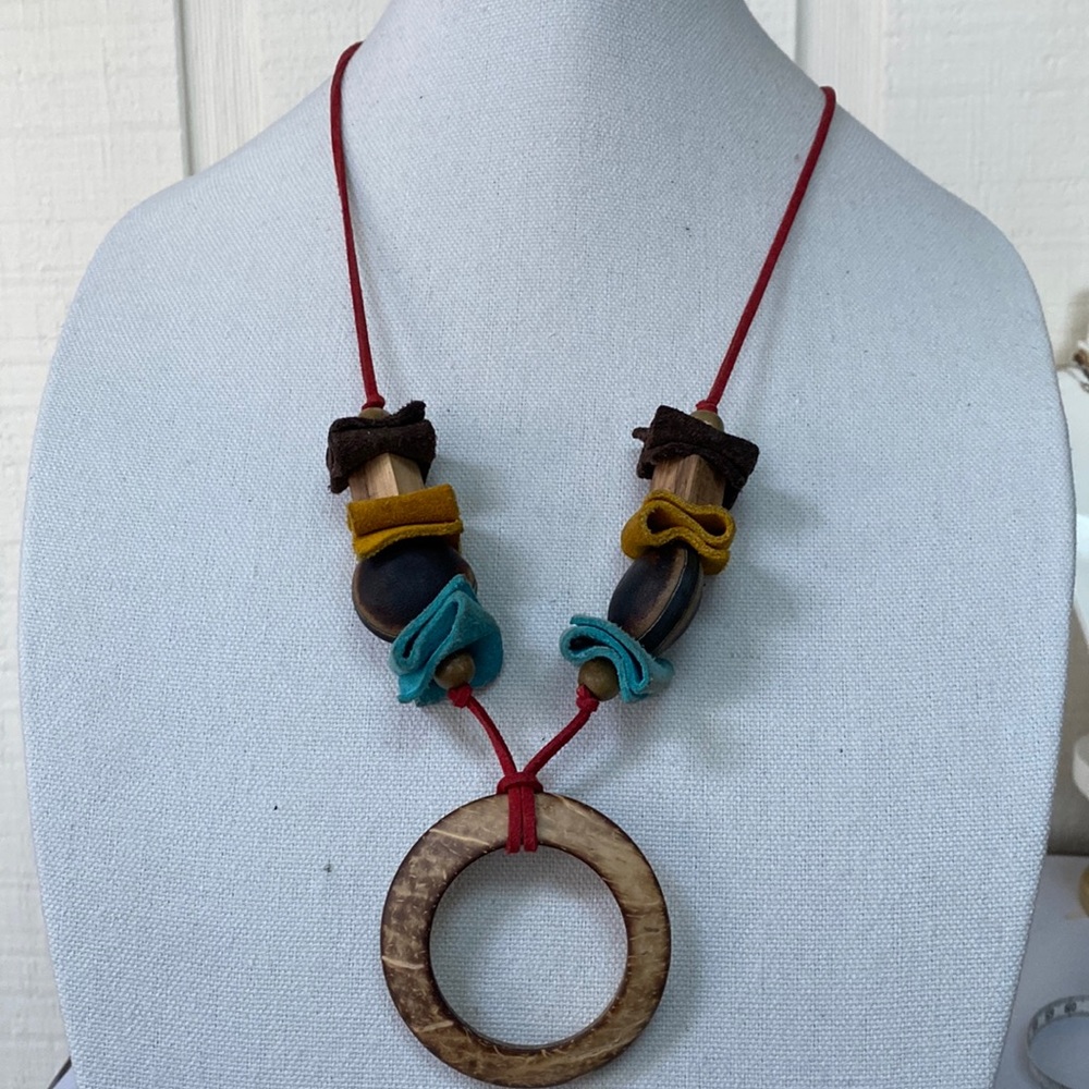 Funky weird wooden and leather necklace